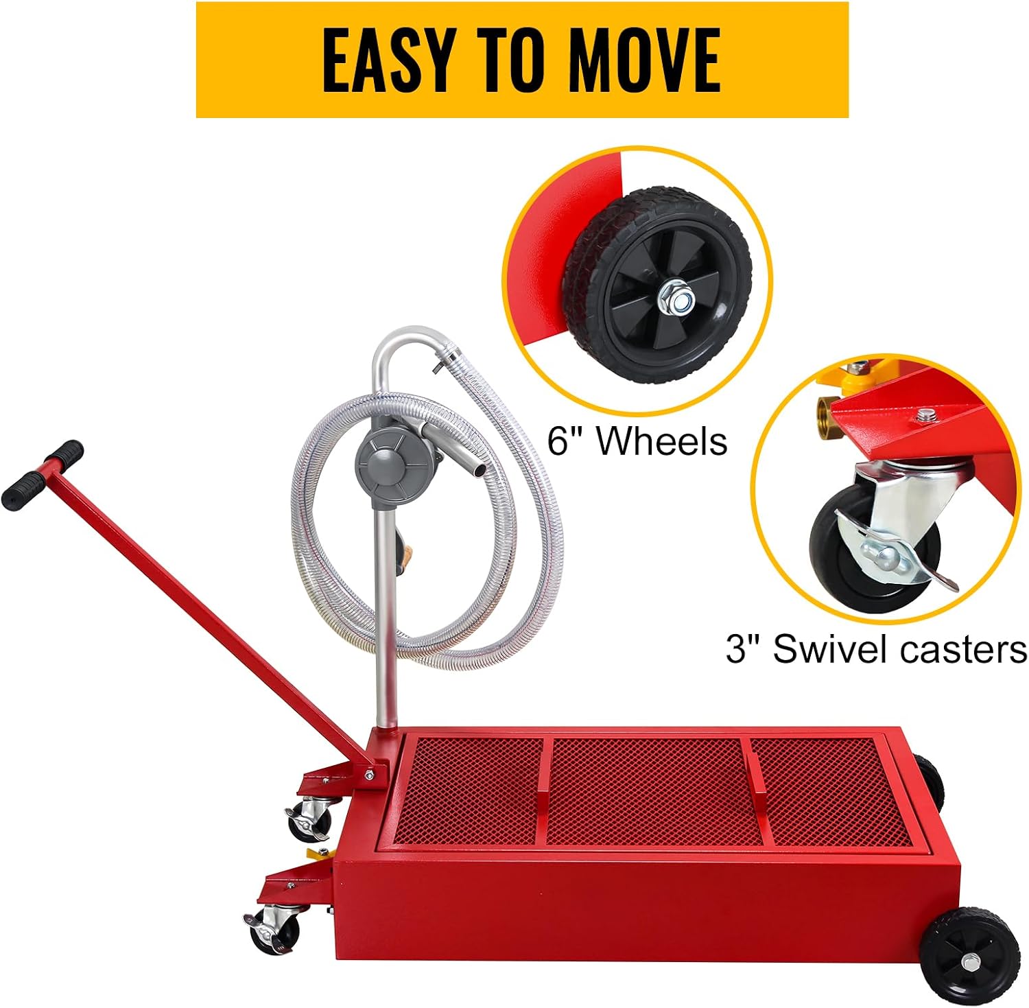 Oil Drain Tank, 20-Gallon Low Profile Oil Drain Pan with Pump, Ergonomic Handle, Hose, Swivel Casters, Fit for Car, SUV, and Truck Maintenance and Oil Change