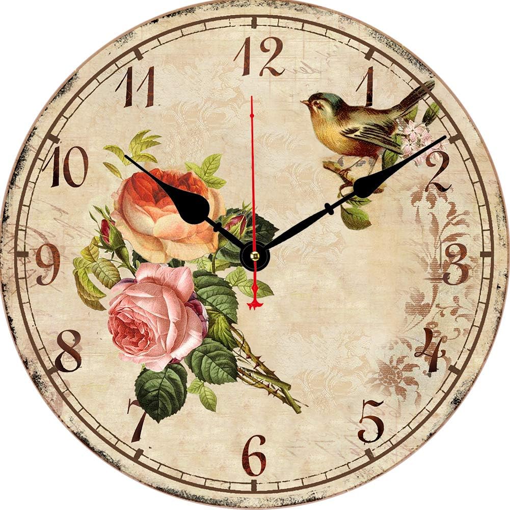 14 Inch Silent Non-Ticking Wall Clock, Big Arabic Numerals Wall Clocks, Wooden Round Clock, Battery Operated Home Decor Hanging Clocks, Bird on Flower Pattern Clock …