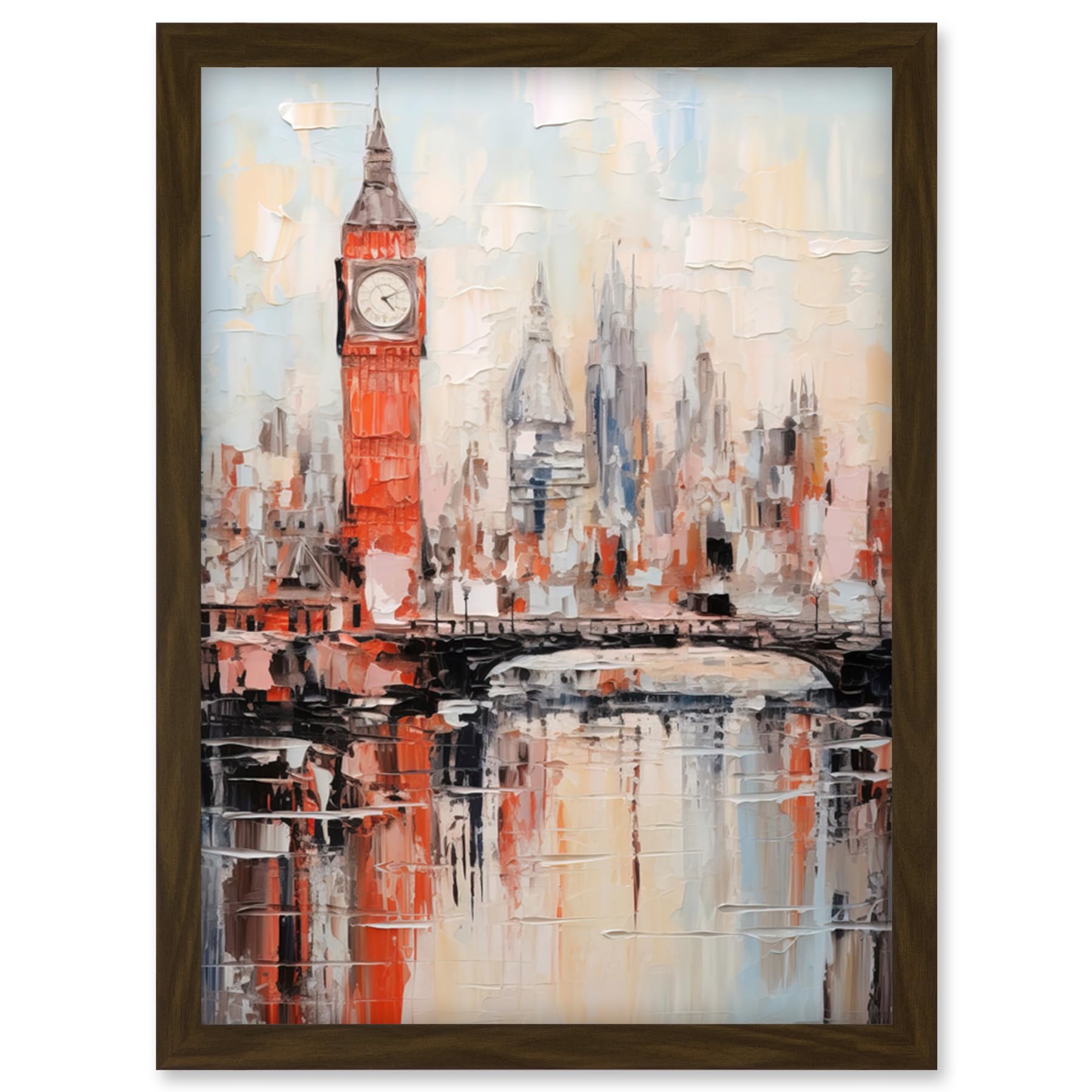 Artery8 London Skyline Abstract Oil Painting Thick Paint Red Big Ben River Thames Westminster Bridge England City Artwork Framed Wall Art Print A4