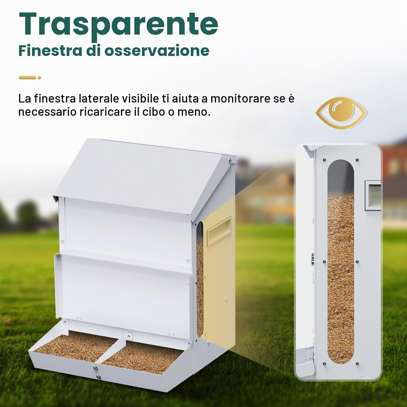 25LB Mangiatoia Automatica per Polli in Acciaio Inox Mangiatoia per Polli da Appendere Appesa con Pala e Coperchio Alimentatore Automatico per Pollame Galline Anatre Tacchini