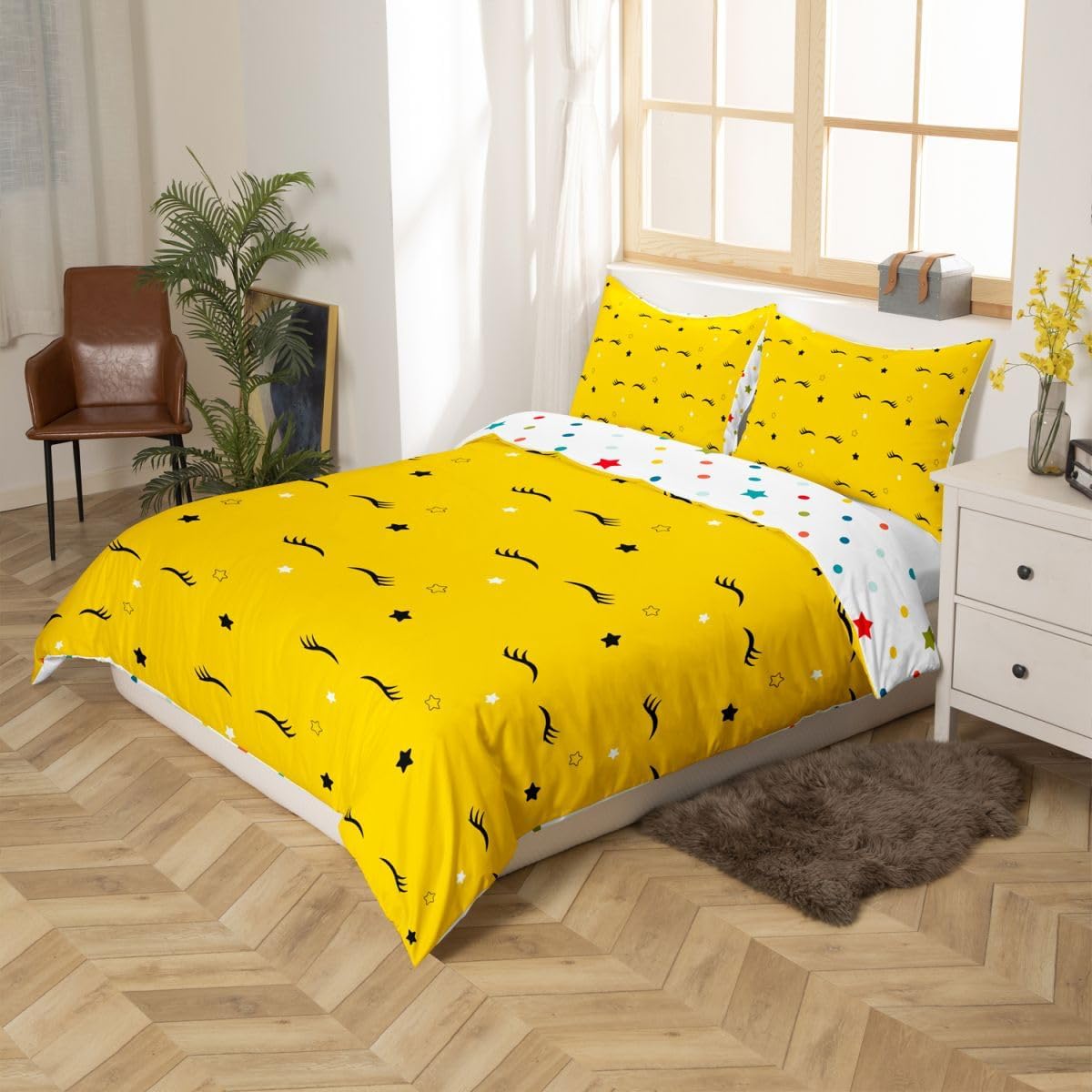 3 Piece Eyelash Duvet Cover and Pillow Shams Girls Cute Cartoon Bedding Set, Soft and Comfortable Graceful Reversible Durable Comforter Cover Kids Room Bed Accessories (Full Size,Yellow,Grey)
