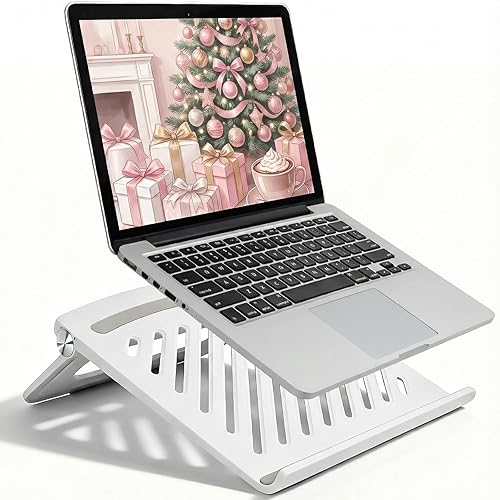 Soporte para computadora portátil blanco para escritorio elevador ajustable plegable y portátil para laptop con almohadillas antideslizantes de