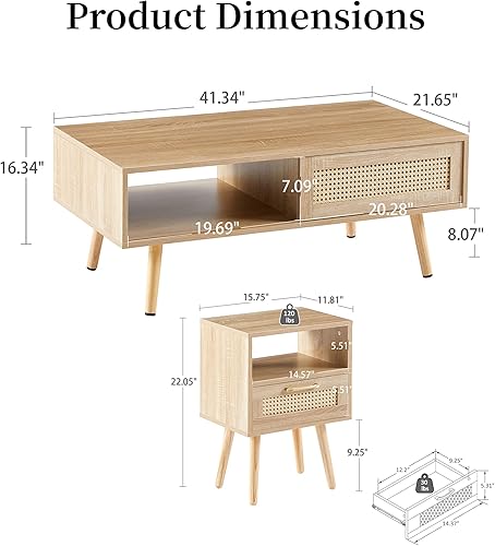 Miniatura 2 de Juego de 3 mesas auxiliares y mesa auxiliar, diseño de ratán natural estilo bohemio, patas de madera maciza, uso para mesa central de sala de estar,