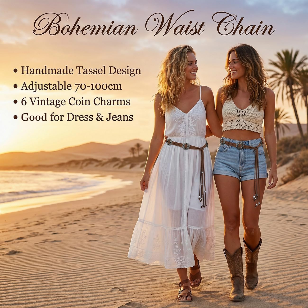 Women Knotted Waist Belt Bohemian Style Tassel Belt Vintage PU Leather Belts for Dresses