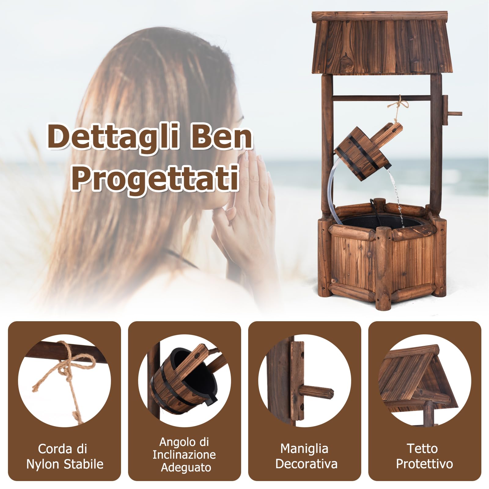 RELAX4LIFE Pozzo da Giardino, Pozzo Decorativo in Legno d'Abete con Tetto, Resistente alle Intemperie, Ideale per Giardino, Cortile e Terrazzo (Con Pompa)