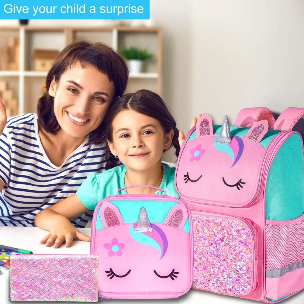 UFNDC 3PCS Unicorn Backpack for Girls, 15" Kids Sequin Bookbag with Lunch Box, Pink School Bag for Elementary Preschool Toddler - Image 5