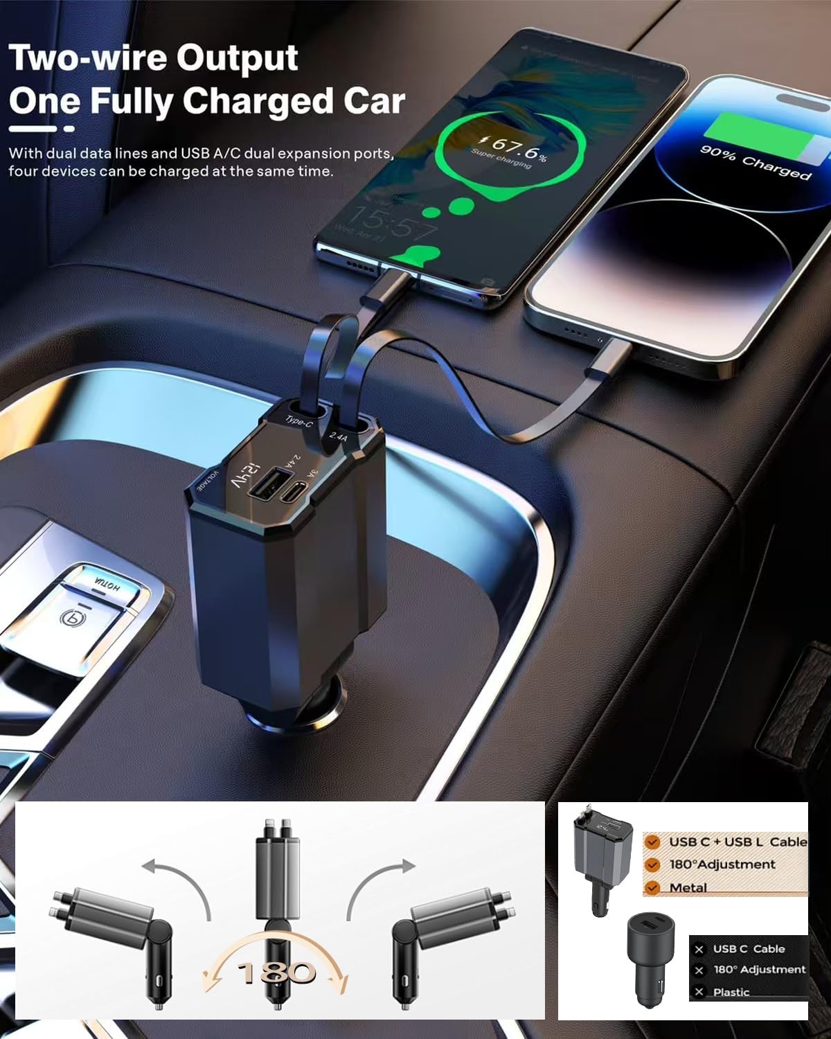 Best Retractable Car Charger, 4 In 1 Fast Car Charging Usb C,Road... 2026