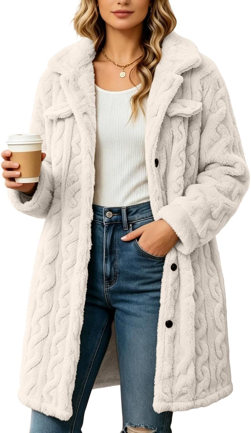 Women Long Fleece Jacket Button Down Winter Fluffy Coat Outerwear