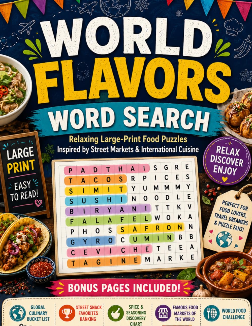 World Flavors Word Search: Relaxing Large-Print Food Puzzles Inspired by Street Markets & International Cuisine