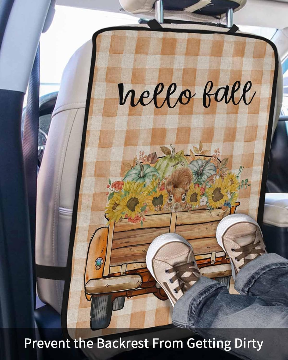 Car Seat Protector, 2 Pack Kick Mats Back Seat Protector Fall Watercolor Truck Pumpkin Sunflower Squirrel Brown Plaid Waterproof Backseat Cover for Kids Universal Fit Automotive Interior Protectors