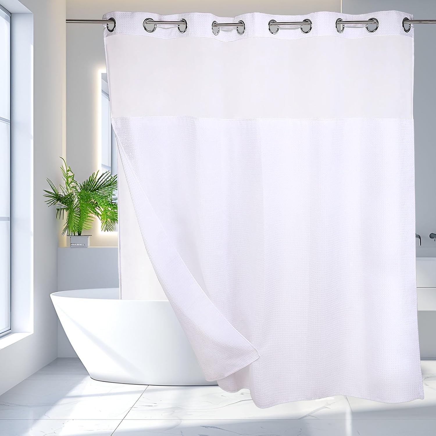 No Hooks Shower Curtain with Snap in Fabric Liner Set, 230GSM Heavy Duty Waffle Shower Curtain for Bathrooom, Waterproof Washable Polyester Cloth Bath Curtain 71 x 74 inches White