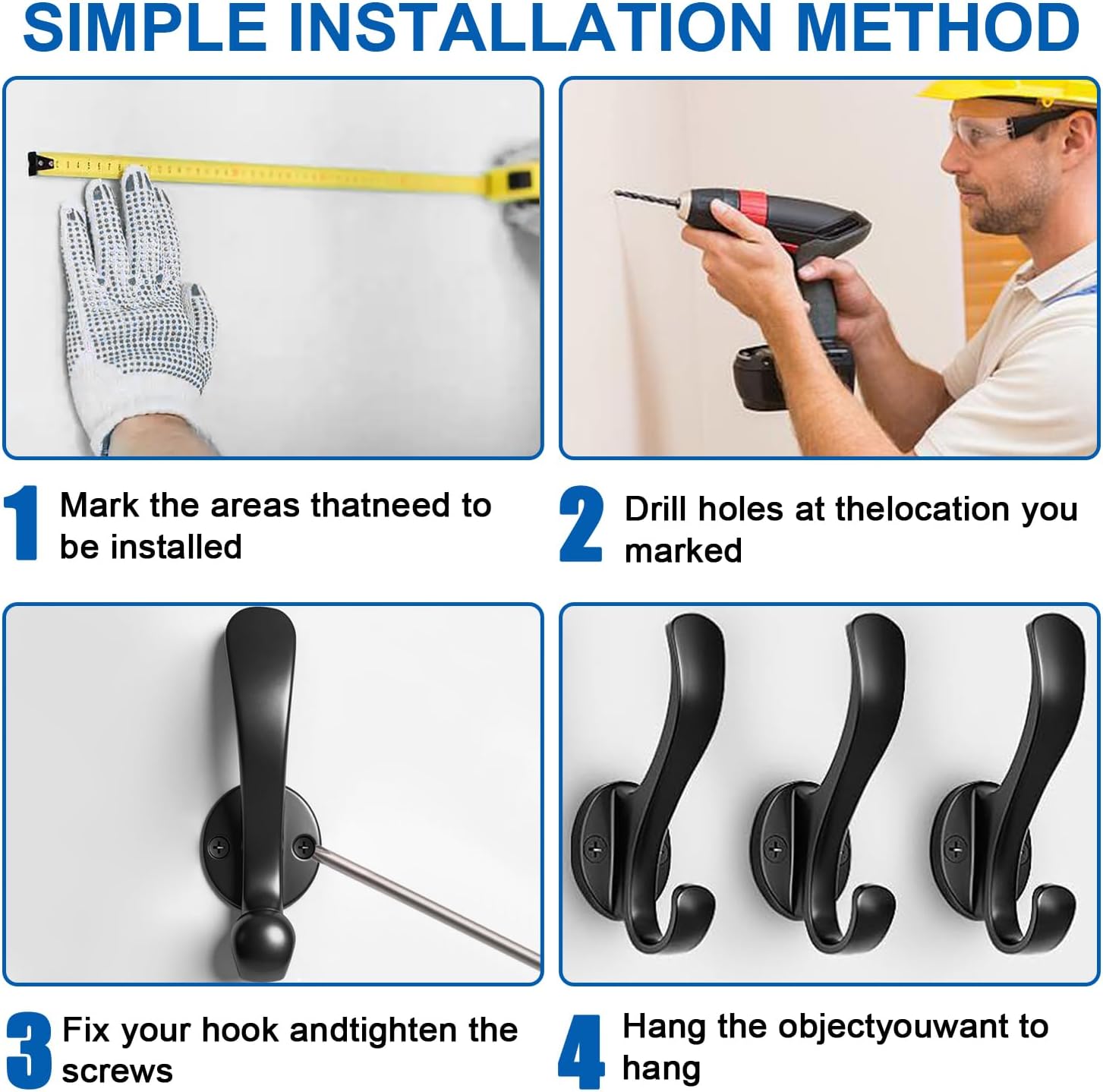 Coat Hooks Heavy Duty Metal Wall Hooks, 4 PCS Black