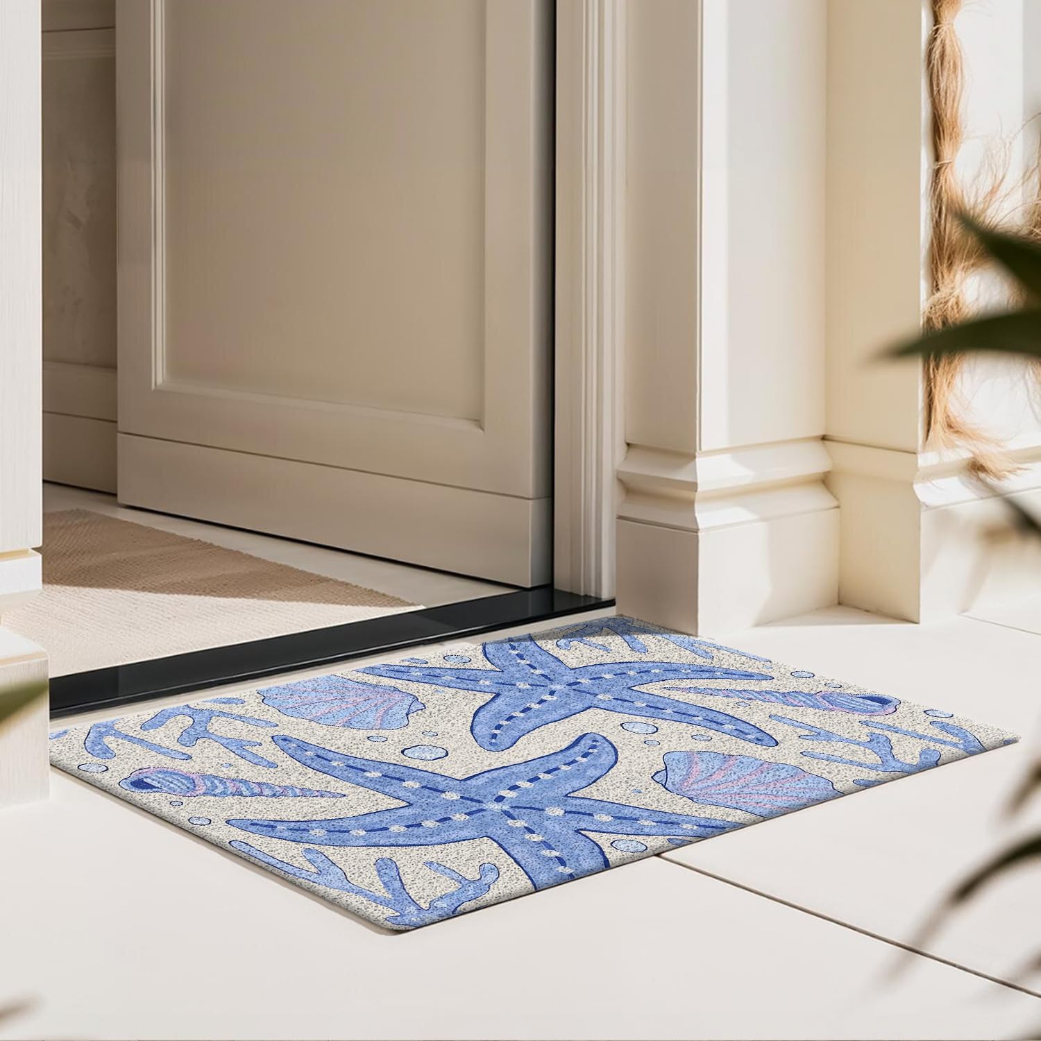 Blue Beach Door Mat, Blue Starfish Seashells Coastal Ocean Welcome Mats for Front Door, Nautical Beach Doormat Indoor Outdoor Entrance Outside Inside Entryway, 17x30 Inch