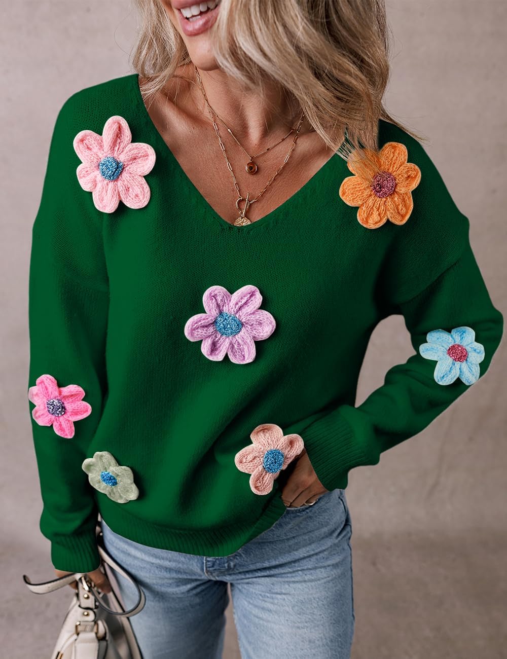Ecosunny Sweaters for Women 2024 Long Sleeve V Neck Crochet Flower Sweater Pullover Tops Trendy Knit - Image 3