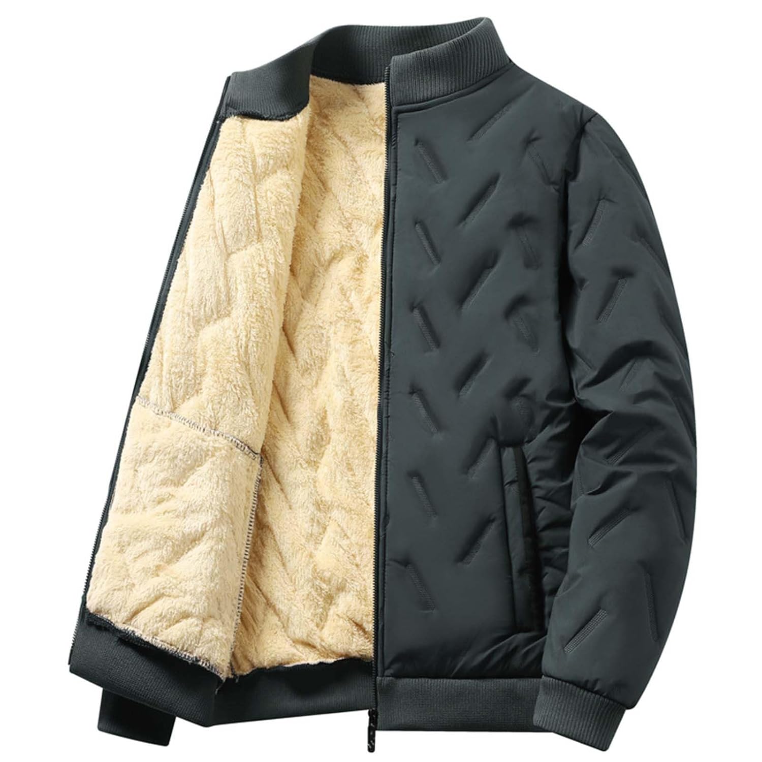 Mens Fleece Lined Puffer Jacket Stand Collar Quilted Coat Lightweight Down Jacket Zip up Padded Coat Warm Winter