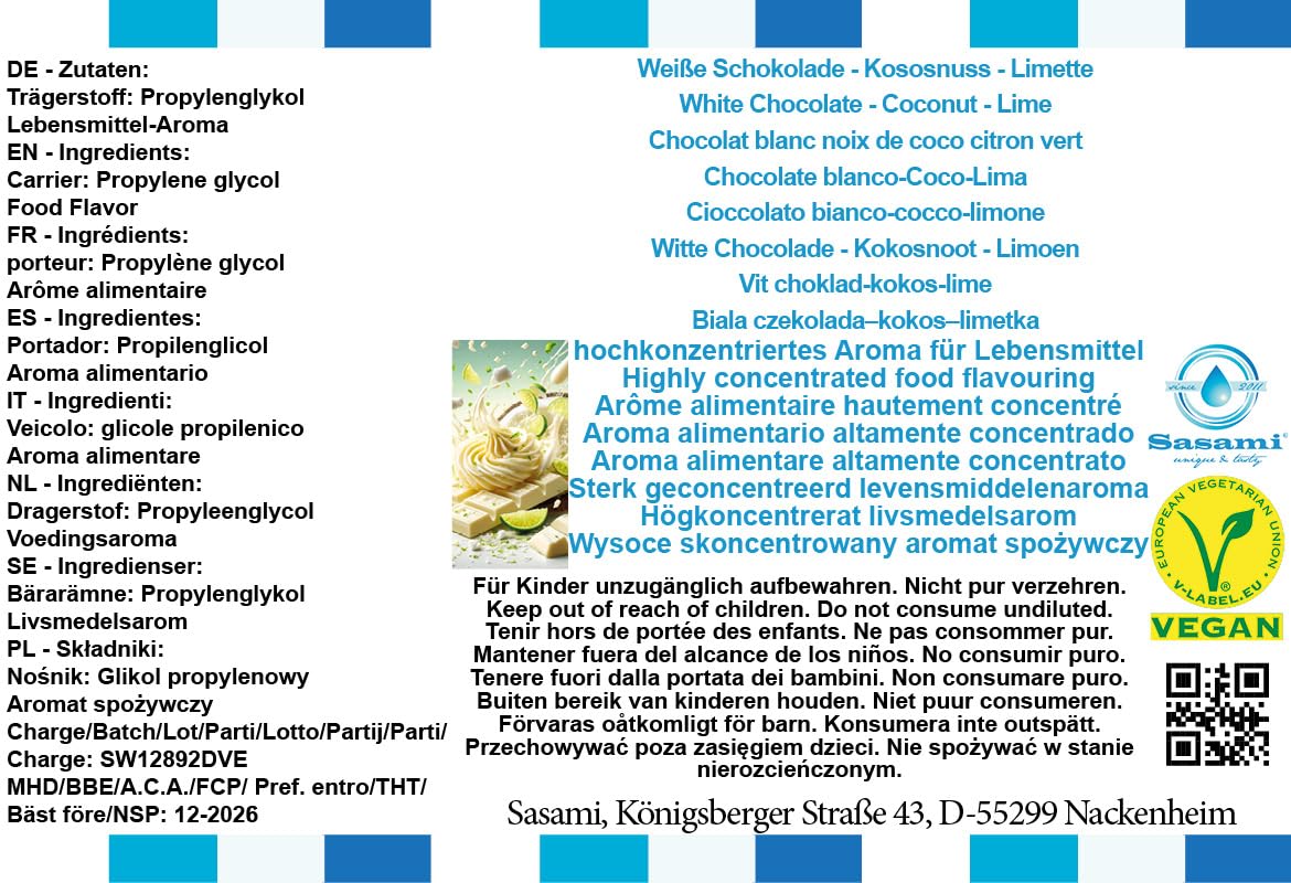 Biała czekolada–kokos–limetka aromat koncentrat – Wegański – Sasami – 100ml
