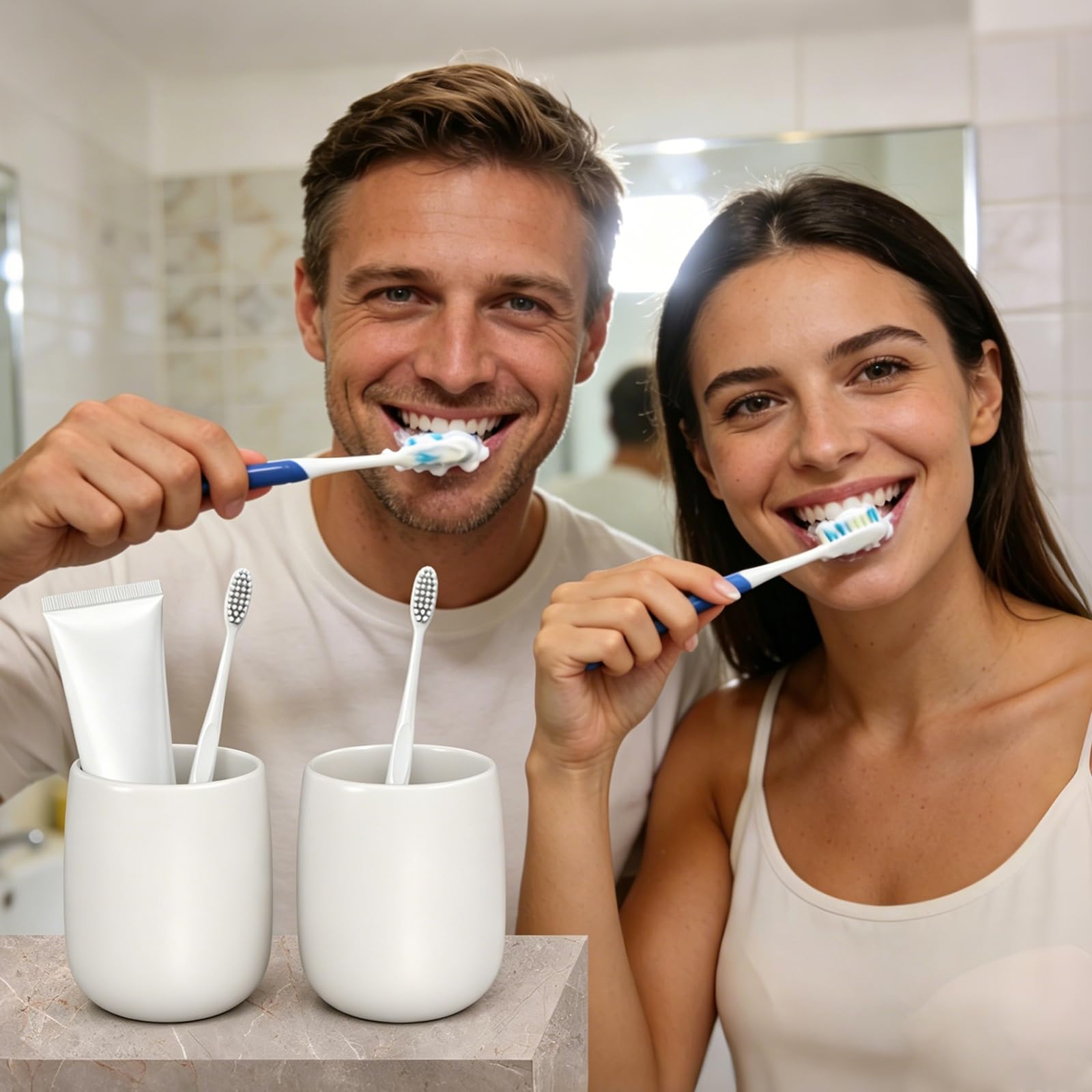 sourcing map Lot de 2 gobelets réutilisables en céramique pour salle de bain - 300 ml - Blanc
