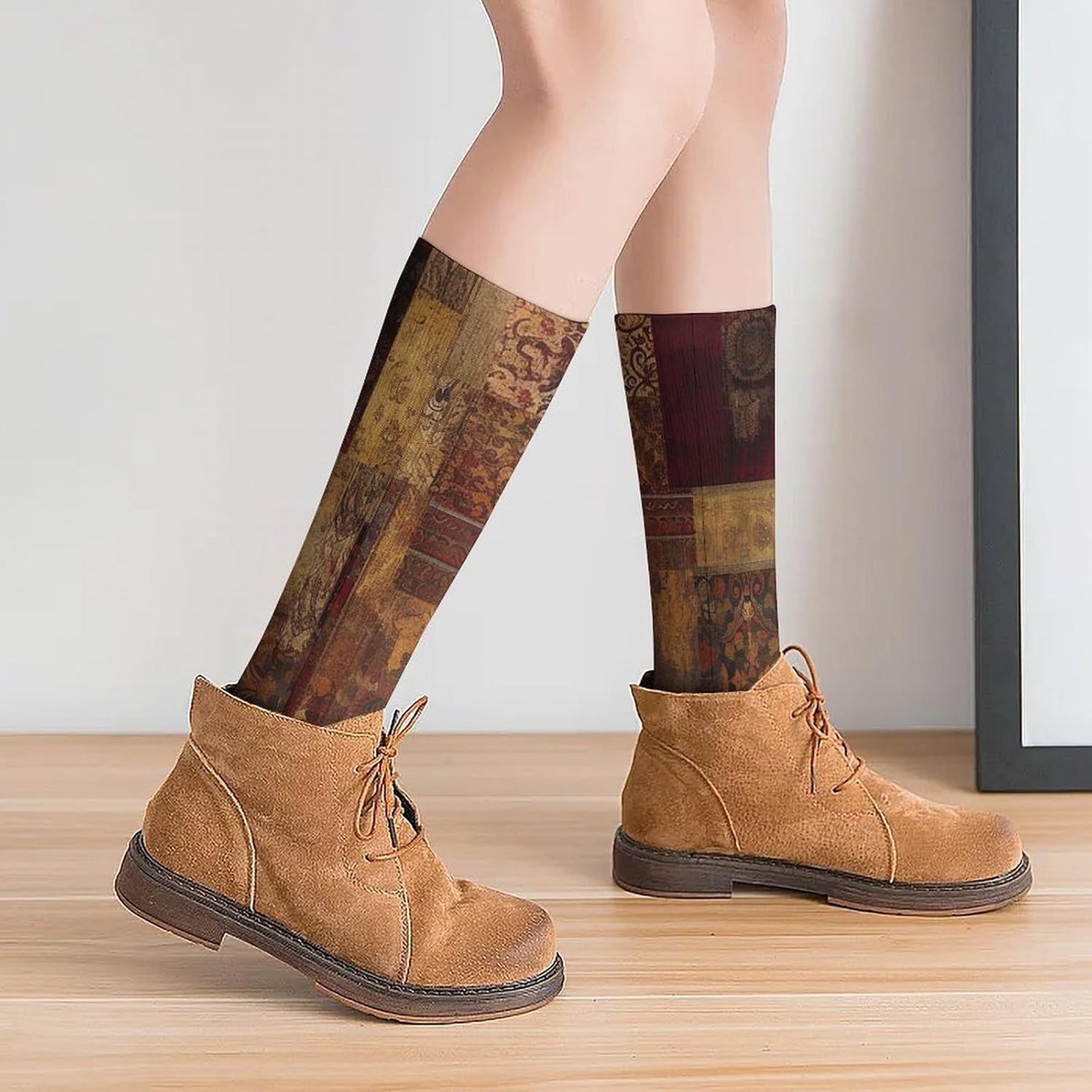 Breathable Crew Sock, Moisture Wicking, Athletic Calf Socks, Cozy | Patchwork Pattern Compression Socks for Women Men, Lightweight High Work Socks for Business, Casual