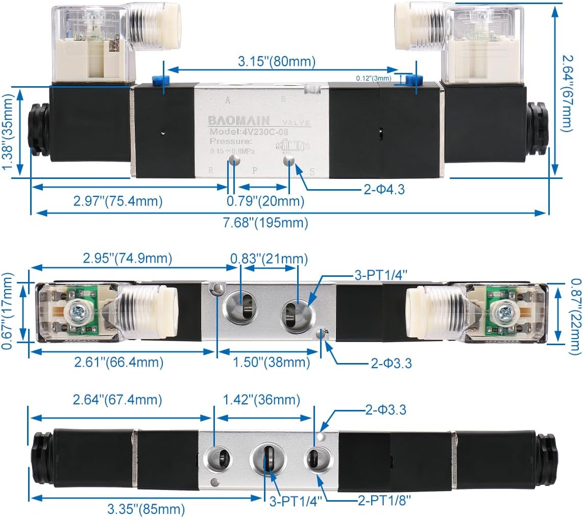 BAOMAIN 4V230C-08-6P Pneumatic Solenoid Valve Manifold Set 3 Position 5 Way PT 1/4 Air Control Valve 6-Station Block for Industrial Automation Systems AC 110V