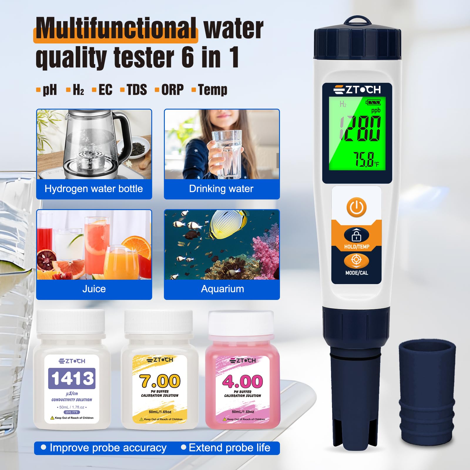 Medidor de agua de hidrógeno pH H2 ORP, medidor hidropónico pH TDS EC, 6 en 1 pH H2 ORP TDS EC Temp Tester para agua potable y piscina, probador de hidrógeno disuelto para botella de agua de hidrógeno