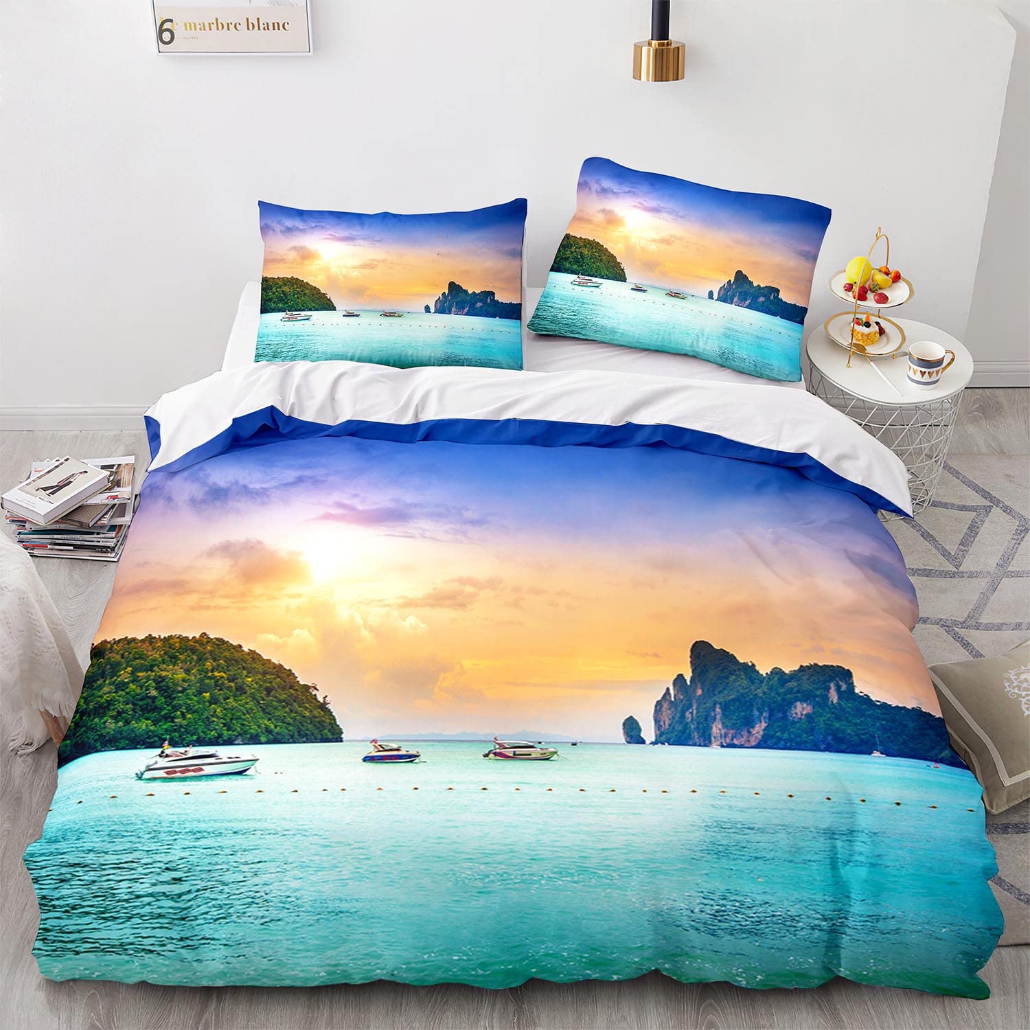 Parure de lit 240x260 Bleu Adulte 2 Personnes Sets de Housse de Couette Réversible Microfibre Ensemble Literie Modern 3D Géométrique Linge de Lit avec Fermeture éclair et 2x 65x65cm Taies d'oreiller