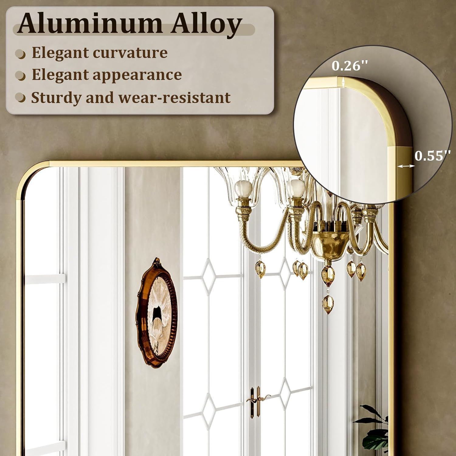 VooBang Round Corner Mirror Full Length, 66" x 23" Floor Mirror with Stand, Matte Aluminum Alloy Frame Full Body Mirror, Standing Hanging or Leaning for Bedroom and Living Room, Gold