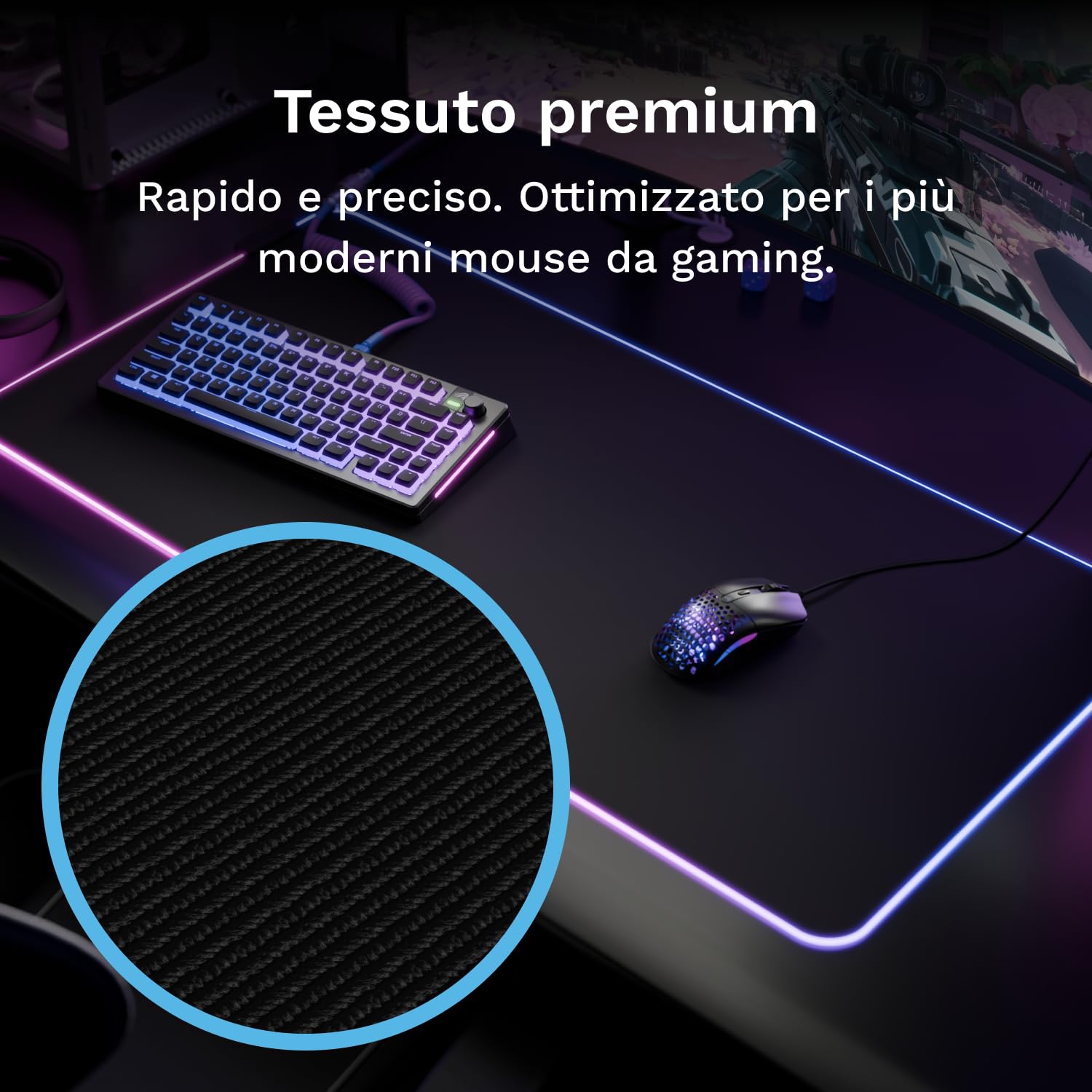 Glorious Gaming Tappetino Mouse GMP 2 GLED XL – 2 zone RGB, bordo InfiniGlow senza cuciture, superficie tessuto premium, base gomma antiscivolo, optima­le per gaming – 465 mm×355 mm×3 mm – Desk mat