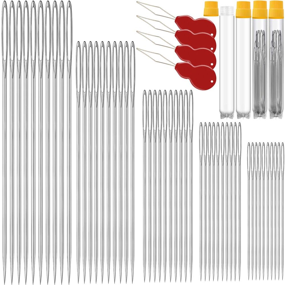 100 Pack Premium Large Eye Needles for Hand Sewing with Needle Threaders, Assorted Sizes, Embroidery Needles for Hand Sewing, Sewing Needles Large Eye, Big Eye Needle