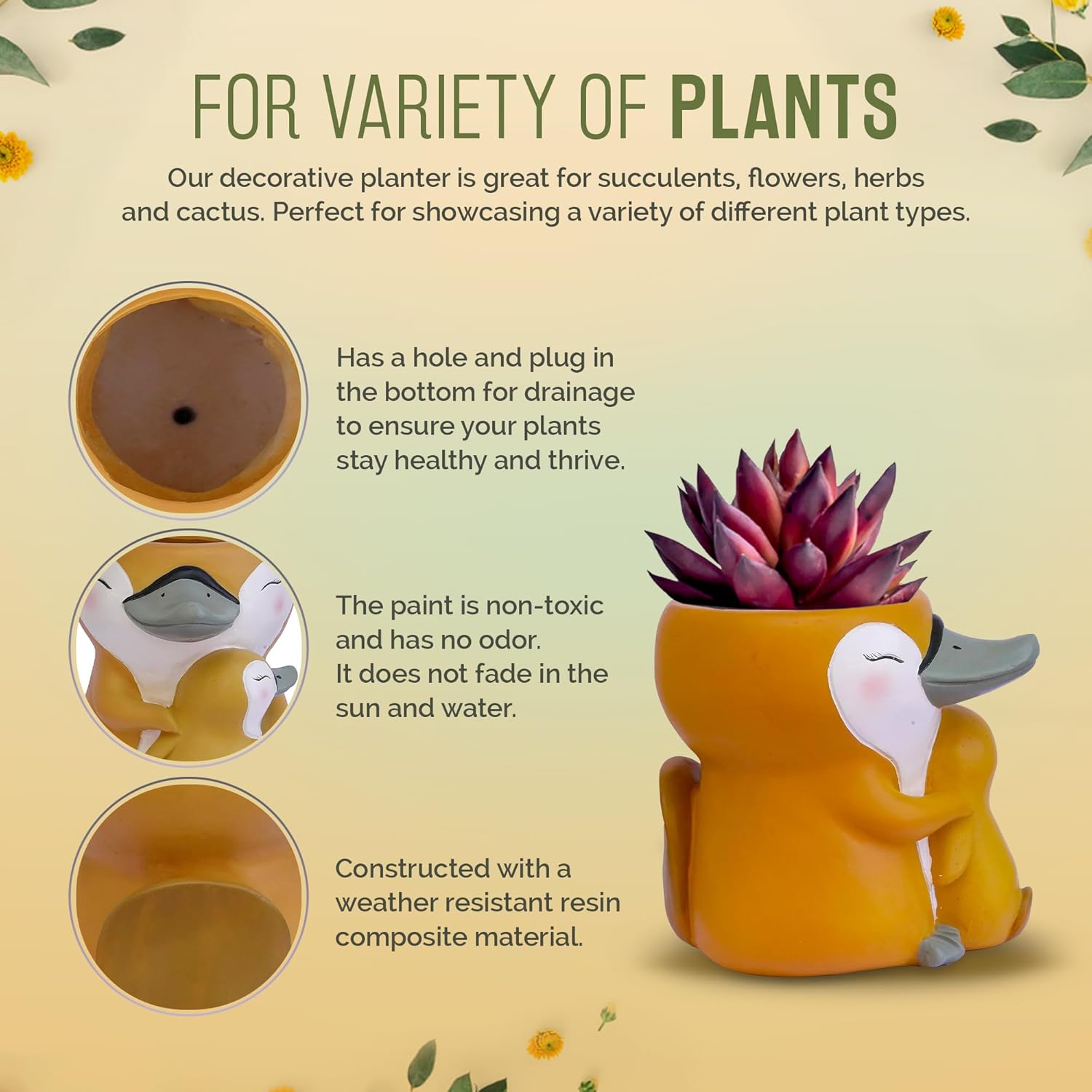 GFF Grass Flip Flops Animals Planters Platypus Mama 5 Inch Plant Pots for Succulents Flowers Herbs Houseplants - Indoor Outdoor Live Plants Stand Garden Home Office Kitchen Decorb