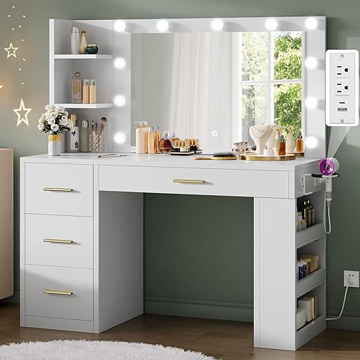 DWVO Makeup Vanity Desk with Mirror & Lights, 40inch Vanity Table with Power Outlets, 4 Drawers & 6 Open Storage Shelves, 3 Color Modes & Adjustable Brightness Dressing Table for Bedroom, White
