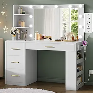 DWVO Makeup Vanity Desk with Mirror & Lights, 40inch Vanity Table with Power Outlets, 4 Drawers & 6 Open Storage Shelves, 3 Color Modes & Adjustable Brightness Dressing Table for Bedroom, White
