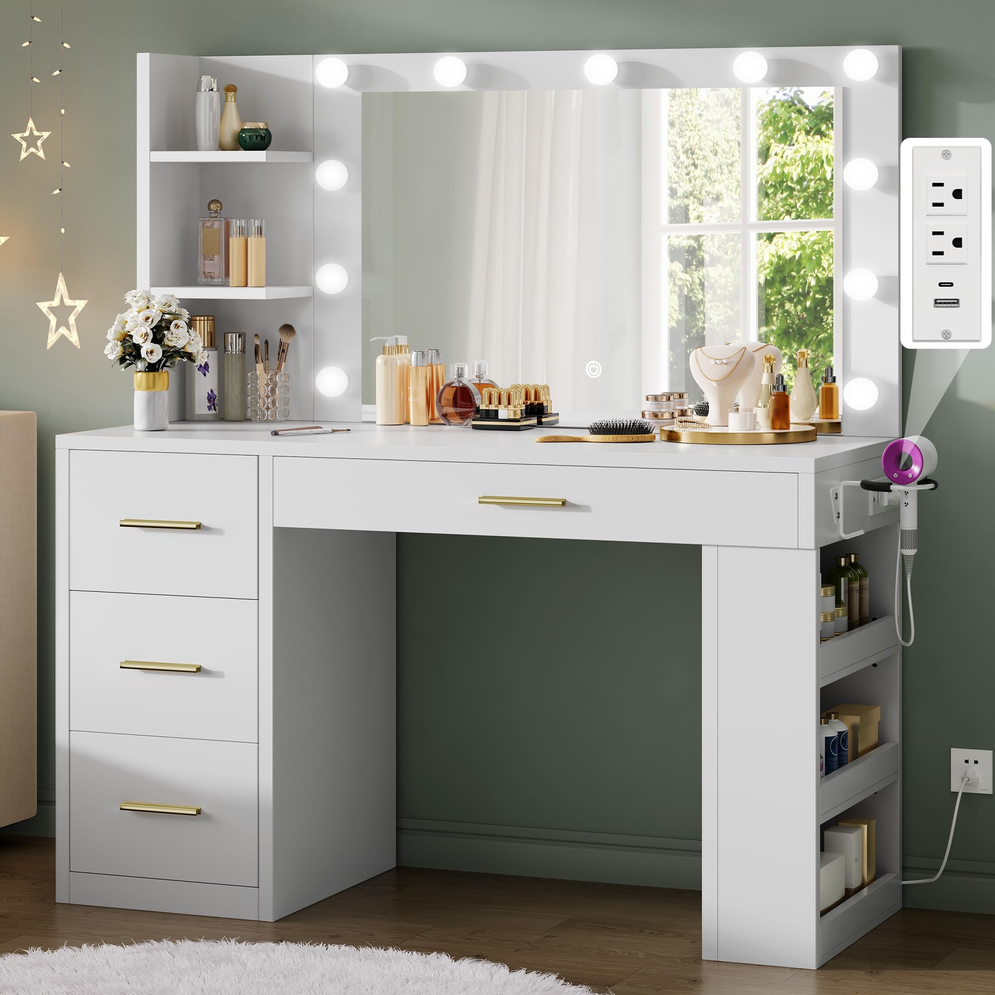DWVO Vanity Desk with Mirror, Large Makeup Table with Power Outlets, 11 LED Bulbs, 3 Adjustable Light Modes, 4 Drawers and Built-in Shelves, Hollywood Dressing Vanity Desk Set for Bedroom, White