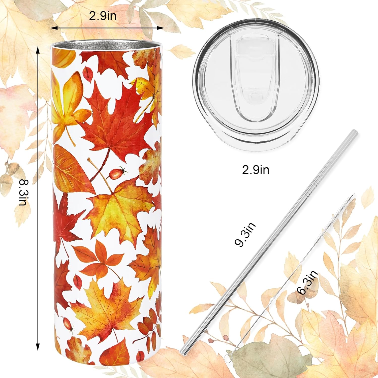 Whaline Fall Tumbler with Lid and Straw Red Orange Maple Leaf Stainless Steel Cup Autumn Leaves Tumbler Cup Travel Coffee Mug for Fall Thanksgiving Decor Gift Supplies - Image 2