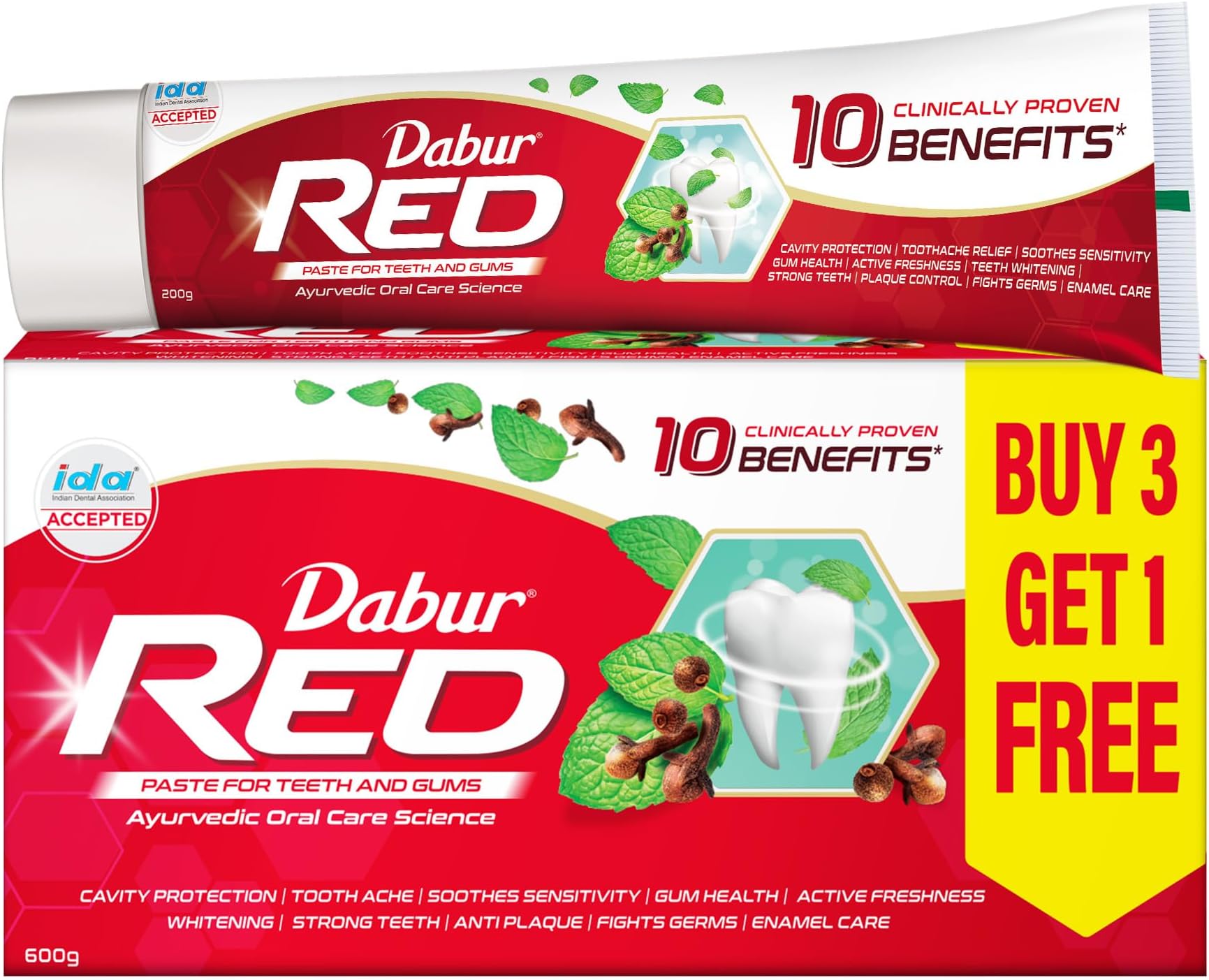 Dabur Red 600g (150g x 4, Pack of 4) Toothpaste - India's No.1 Ayurvedic Paste, Provides Protection Plaque Removal, Toothache, Yellow Teeth, Bad Breath-
