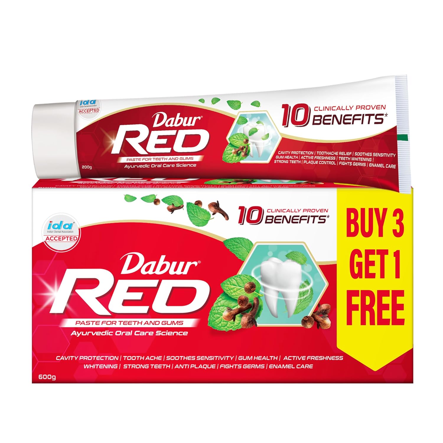 Dabur Red 600g (150g x 4, Pack of 4) Toothpaste – India’s No.1 Ayurvedic Paste, Provides Protection Plaque Removal, Toothache, Yellow Teeth, Bad Breath-