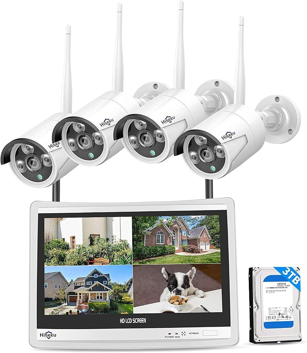 [16 canales ampliables] Sistema de seguridad para el hogar Hiseeu, grabación 24 horas al día, 7 días a la semana, cámaras tipo bala para exteriores con cable de 5 MP, WiFi Pro 2.4G/5G, NVR 4K con monitor LCD de 12", disco duro de 3 TB, visión nocturna, IP65
