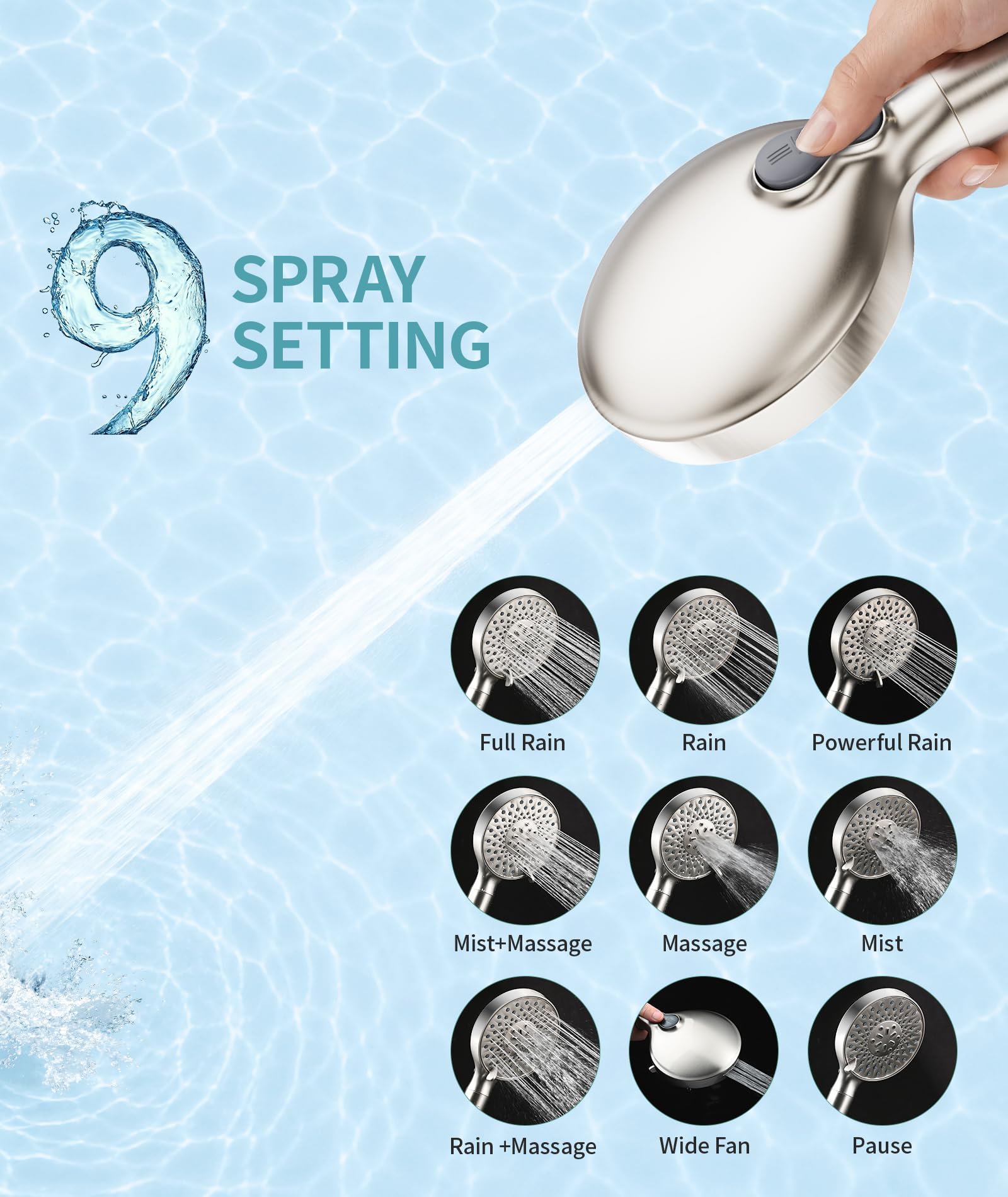 Filtered Shower Head with Handheld, High Pressure 9 Spray Mode Brushed Nickel Showerhead Filters, detachable head,Water Softener Beads for Hard Water - Remove Chlorine 1