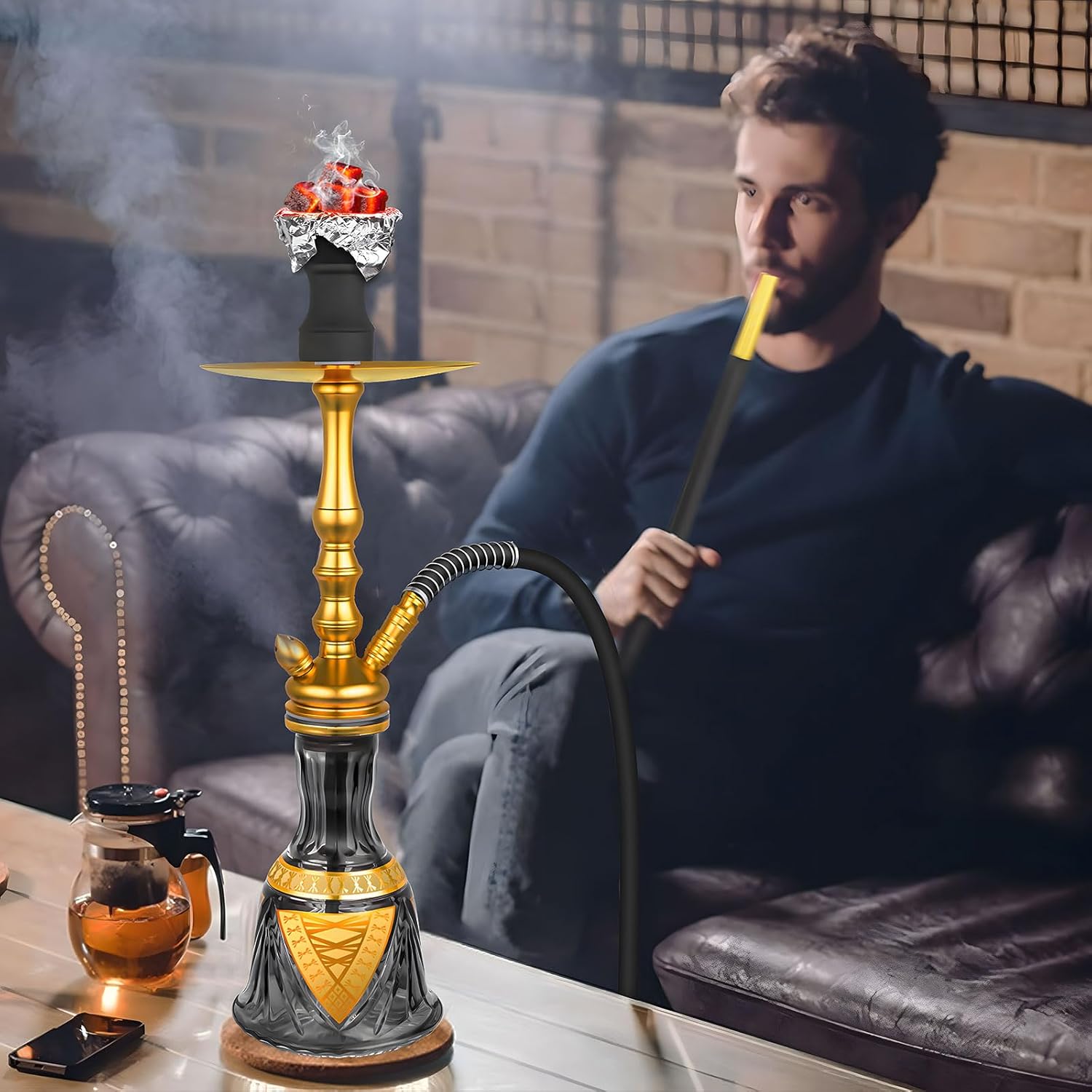 22'' Hookah Set Modern Aluminum Hookah Set With Everything - Black Glass Vase,Hookah Charcoal Holder,Hookah Tips（Gold-1hose）