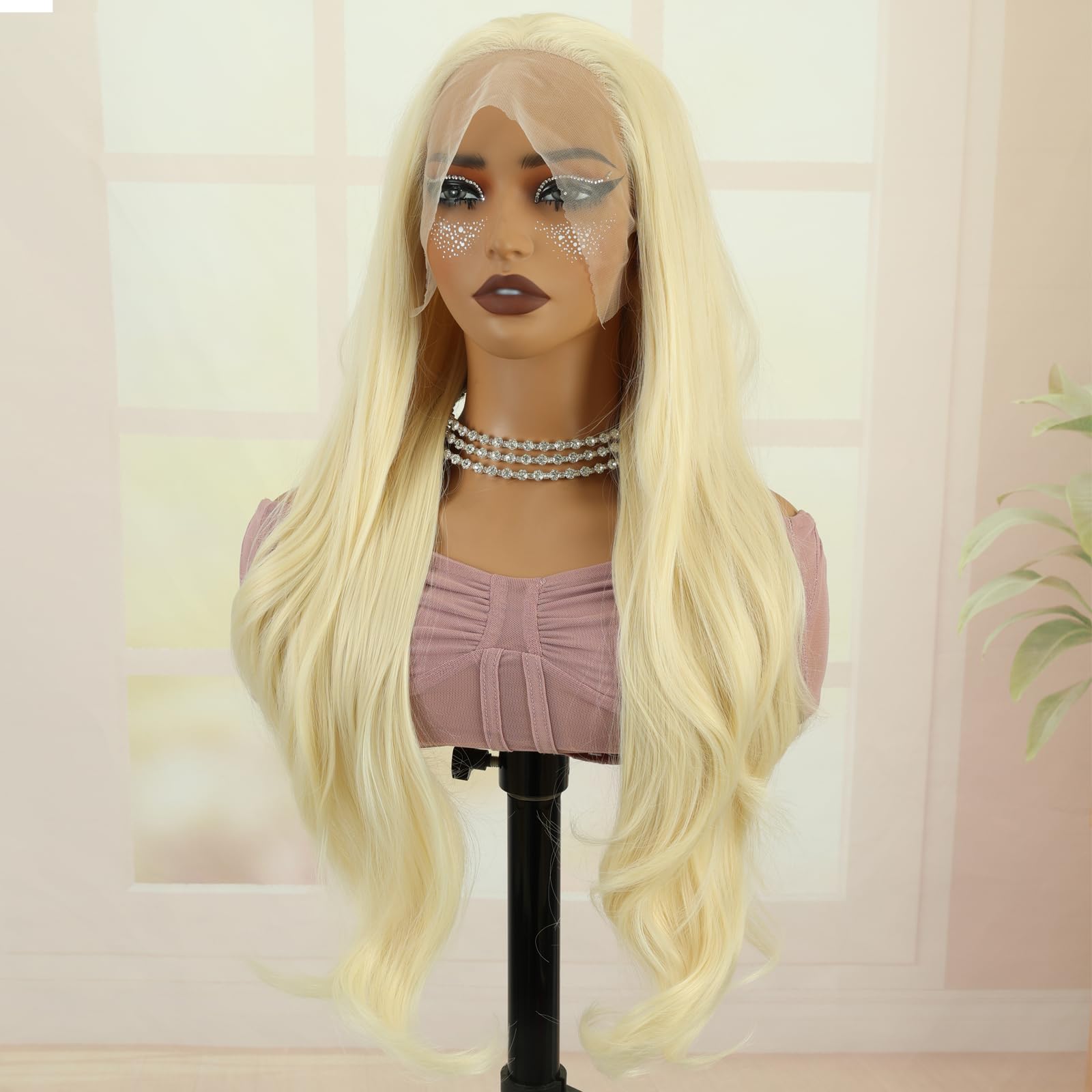 Creamily Blonde Lace Front Wig Long Wavy Synthetic Wig Silky Heat Resistant Glueless 13x3 Synthetic Lace Front Wigs Natural Hairline for Women 26 inch Blonde 613 - Image 3