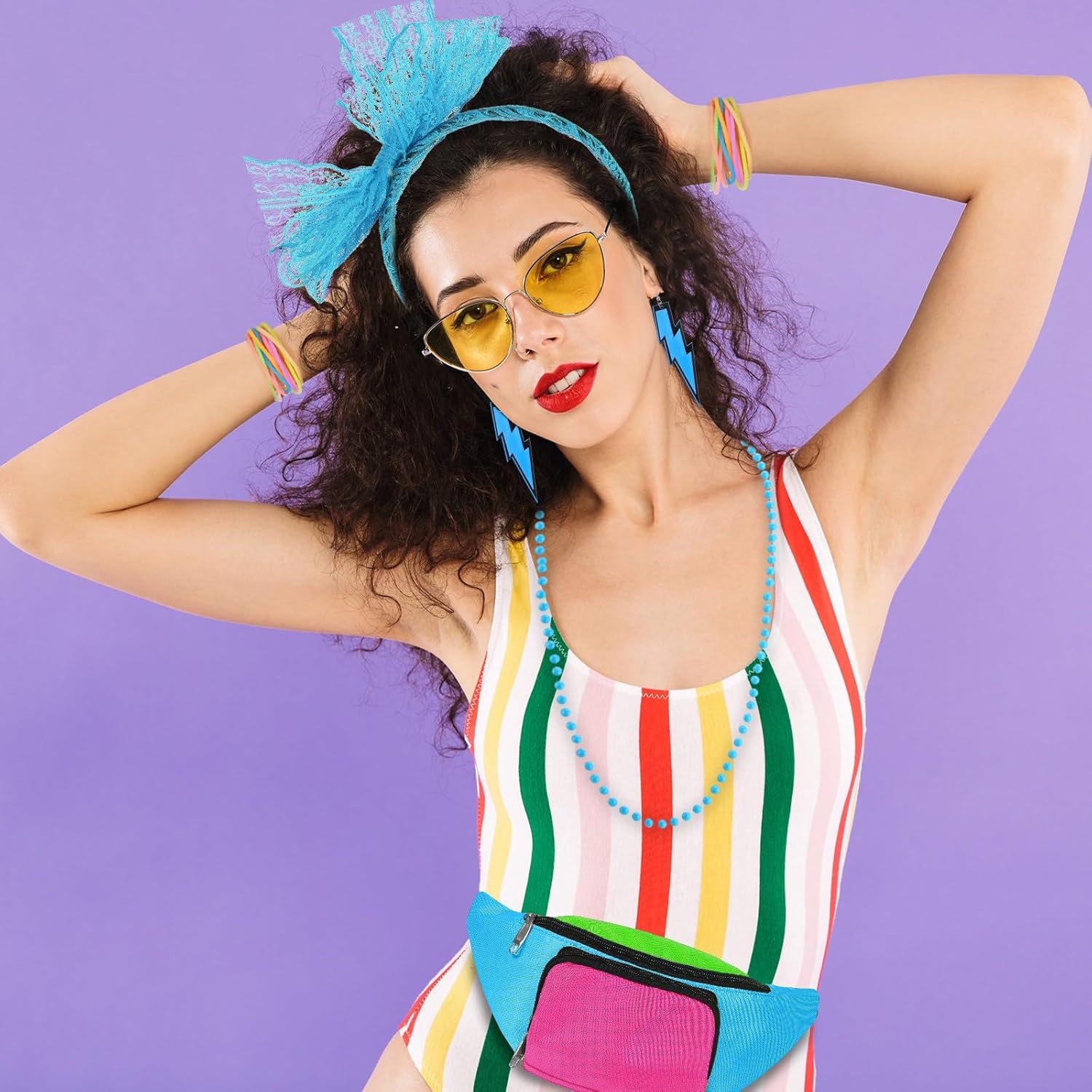 Handepo 19 Pcs 80s Costume Accessories Set Neon Retro 80s Fanny Pack Hairband Fishnet Gloves Bracelet Earrings Necklace Socks - Image 7