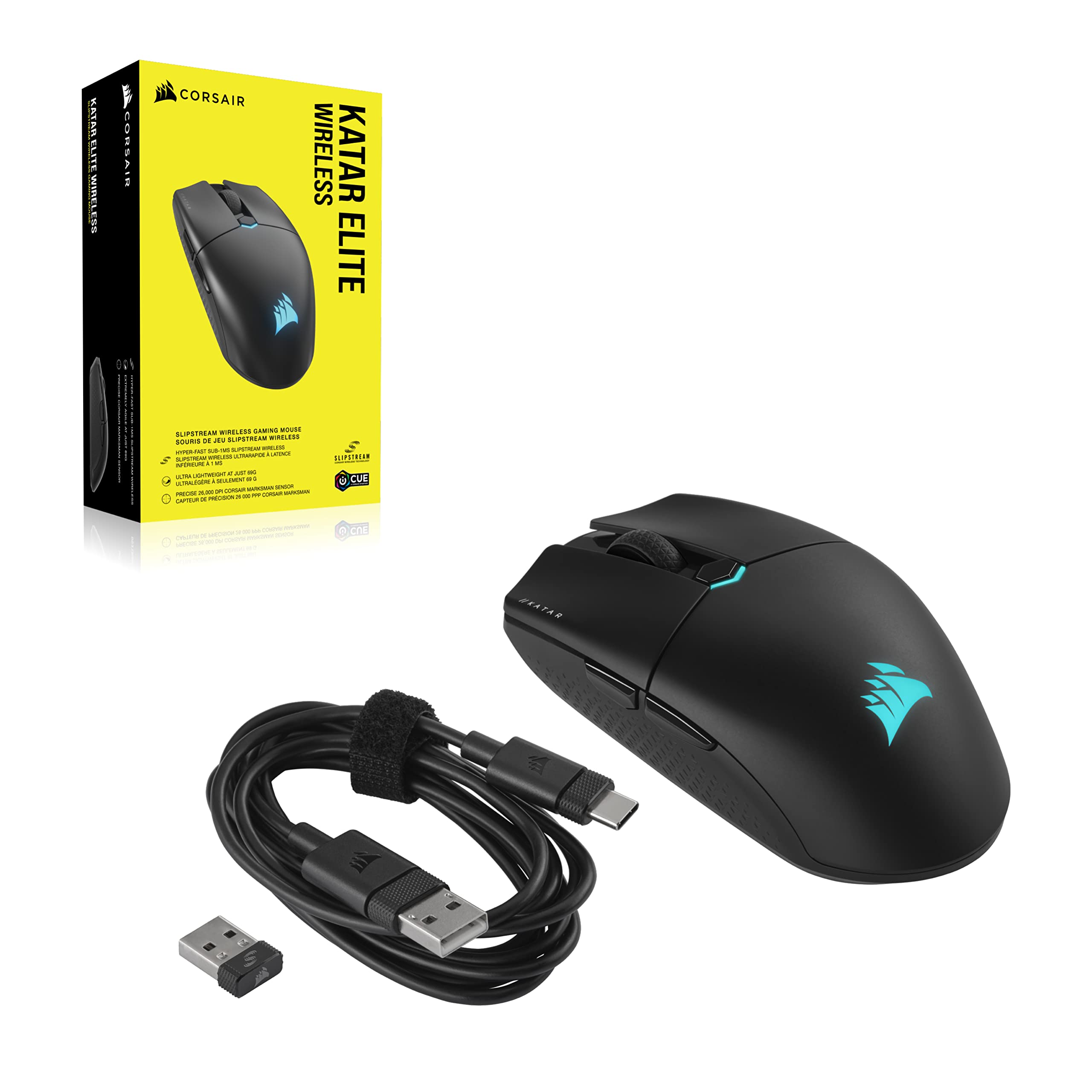 Corsair KATAR Elite Wireless Gaming Maus, 26.000 DPI, Symmetrische Form, 110 Stunden Akkulaufzeit, iCUE, Schwarz