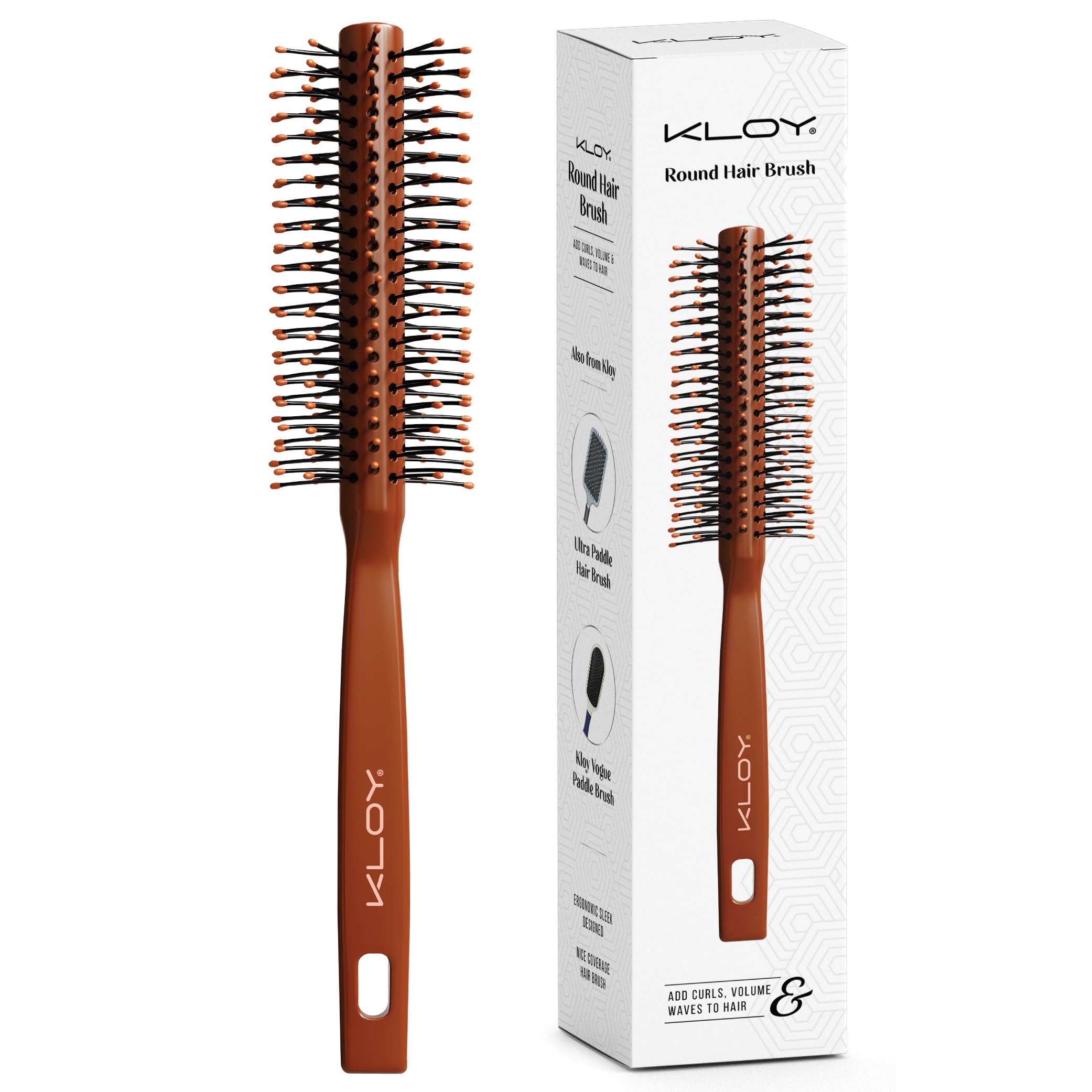 KLOY Round Hair Brush with Soft Ball-Pointed Flexible Bristles for Men & Women, Chocolate Brown