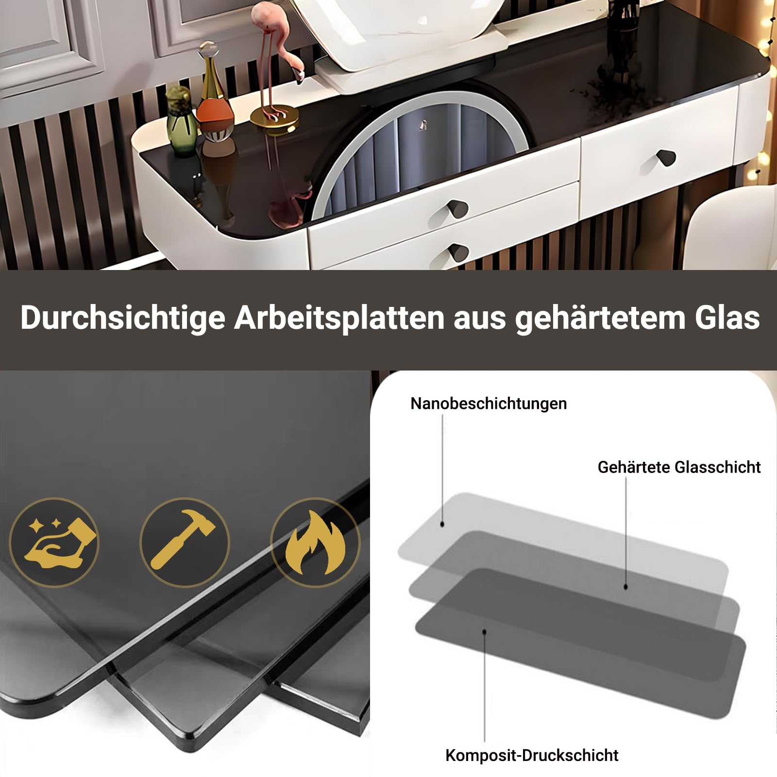 Frisiertisch Set Mit Kabelloser Aufladung, Bluetooth-Audio, Schminktisch Mit Beleuchtung Und Hocker,Schminktisch 100 cm Breit Mit 6 Schubladen,Geschenke für Töchter