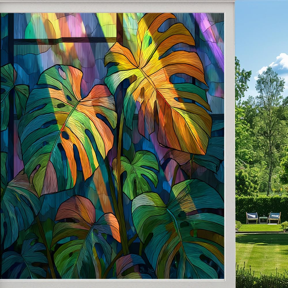 Tropical Monstera Stained Glass Window Film, Colorful Natural Plant Leaves Peel and Stick Privacy Film, Frosted Adhesive Vinyl Decorative for Bathroom Windows Glass Doors, （90x160cm）