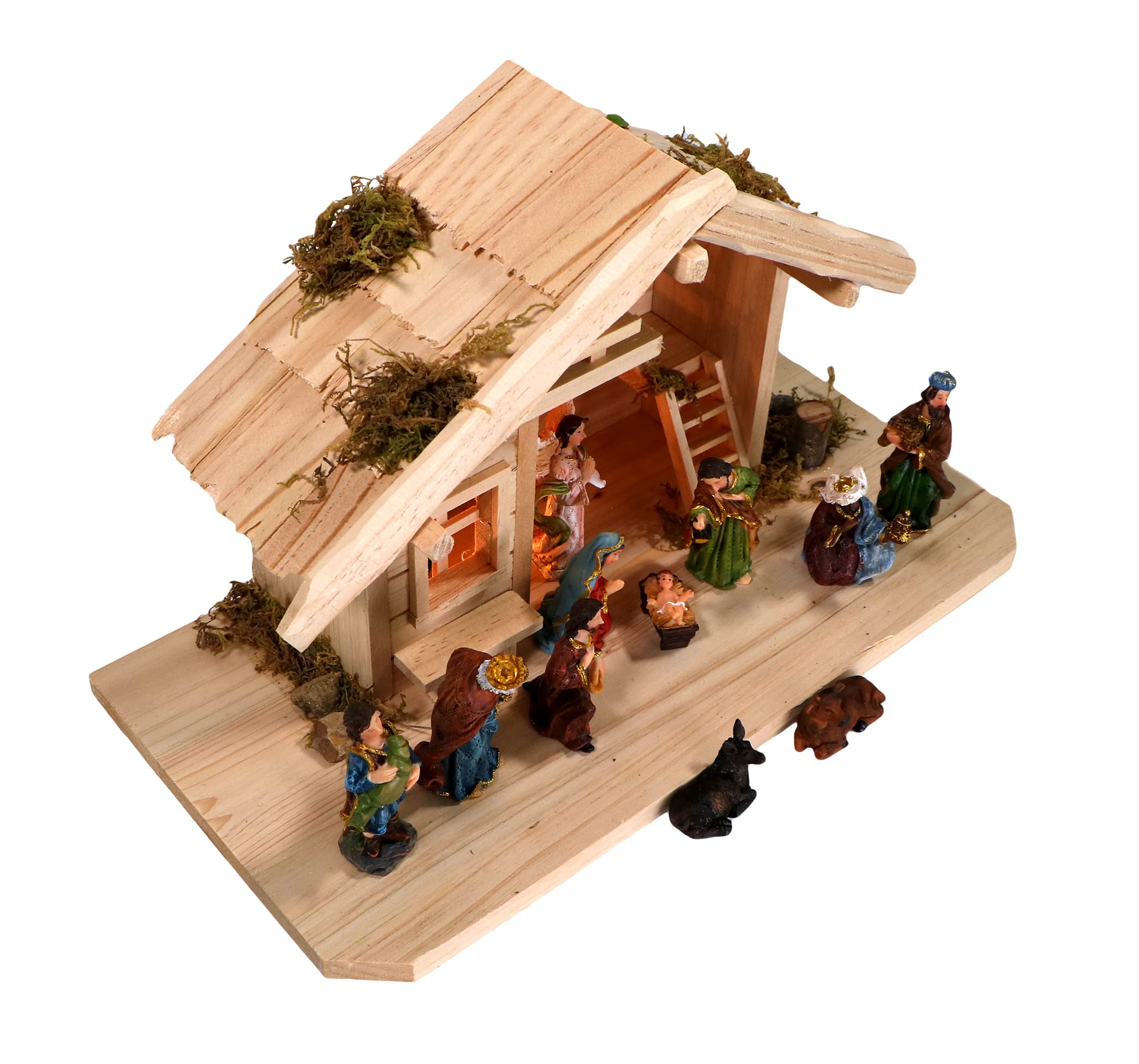mgc24 Weihnachtskrippe Tischkrippe aus Holz, komplett mit 11 Krippenfiguren handbemalt, LED-Beleuchtung