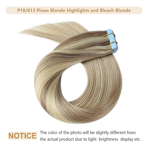 Miniatura 2 de YILITE Extensiones de cabello Remy adhesivas de color rubio cenizo 18 con reflejos 613, extensiones de cabello rubio decolorado, extensiones de