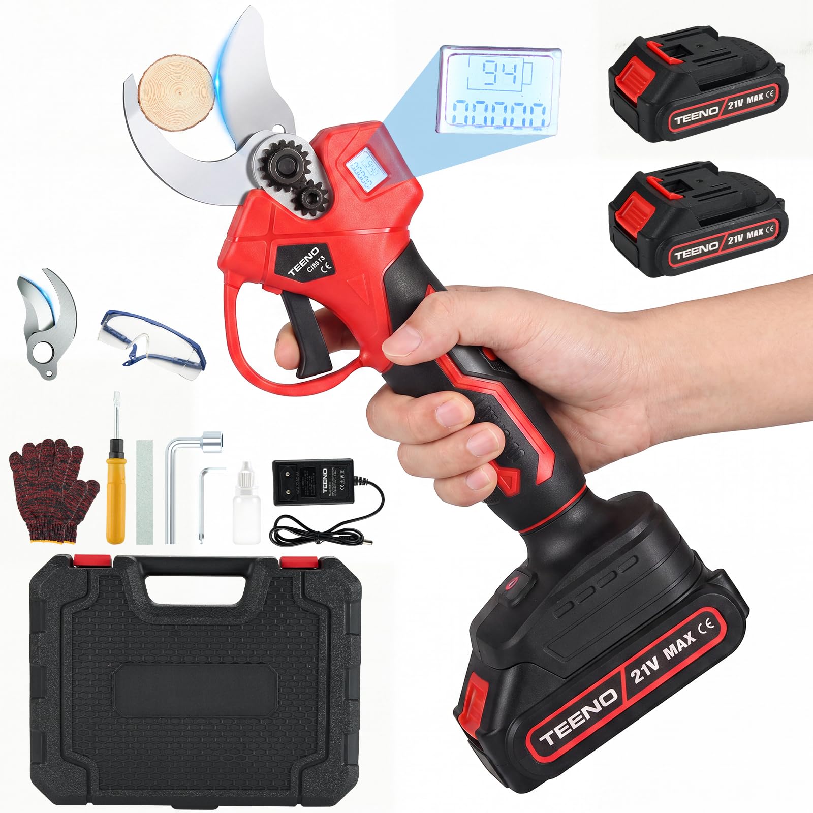 TEENO Tijeras De Podar Electricas, con Baterías 2 x 2000 mAh, 30 mm,de Tijeras de Podar con Display, SK5 hoja afilada, motor sin escobillas, podar Electricas, para jardinería, vid, árbol frutal