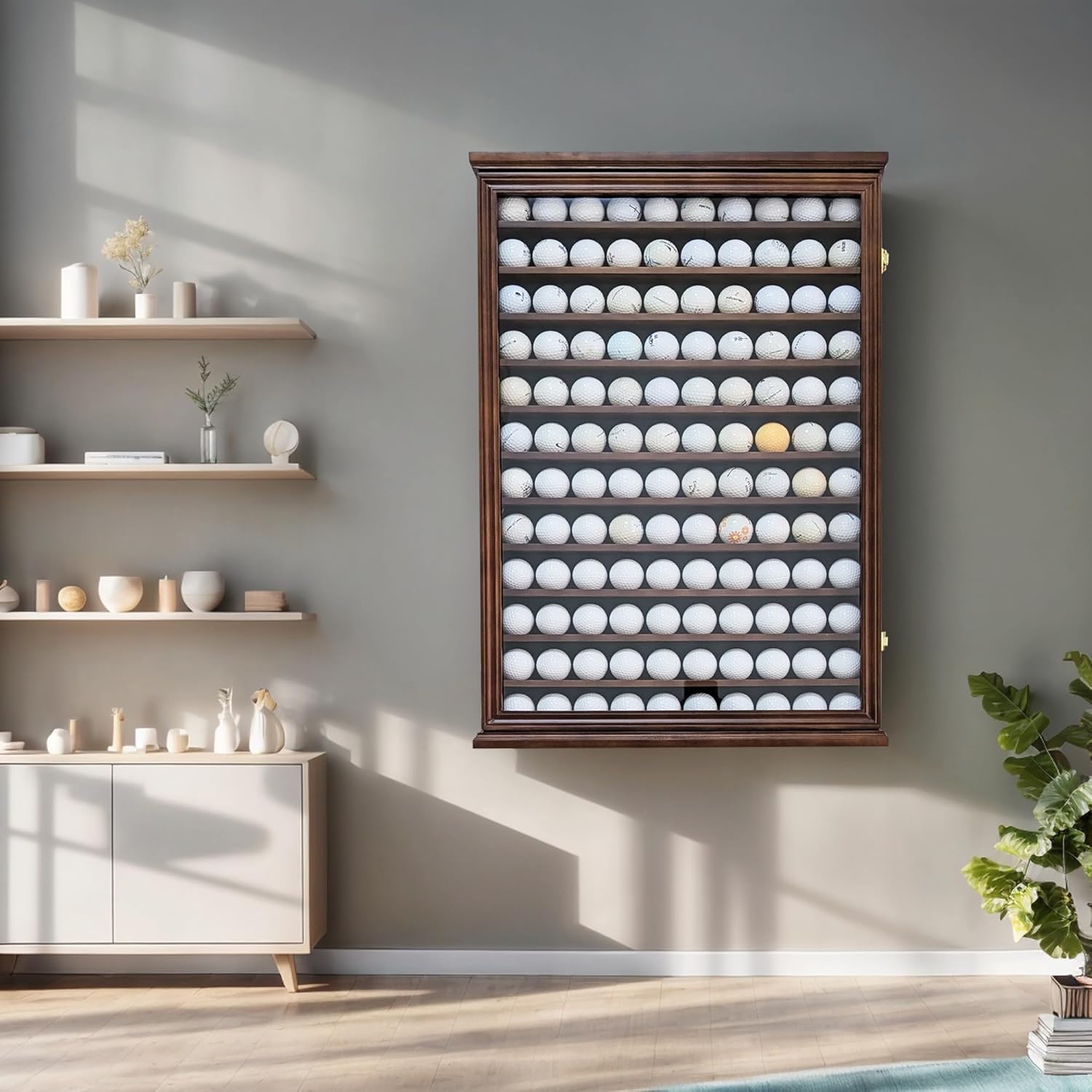 Vice Golf Balls Display Case - Shocked & Noodle TP5 Golf Ball Cabinet (ARRAWIS Black) - 120 Balls Capacity, UV Protection, Lockable (Walnut)