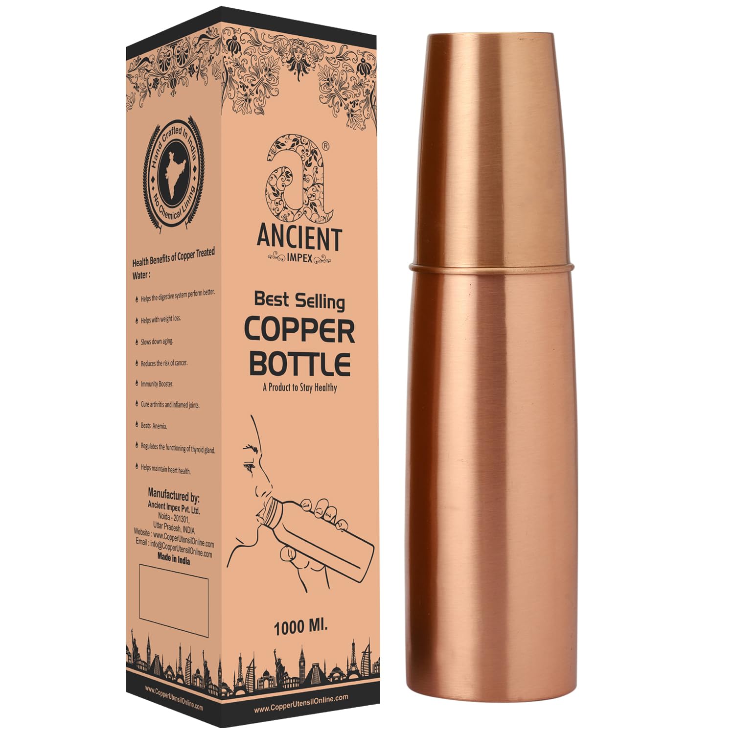 ANCIENTIMPEX Pure Copper Water Bottle with Tumbler | Matte Finish, 900 Ml Leak-Proof Ayurveda Copper Bottle for Health & Wellness
