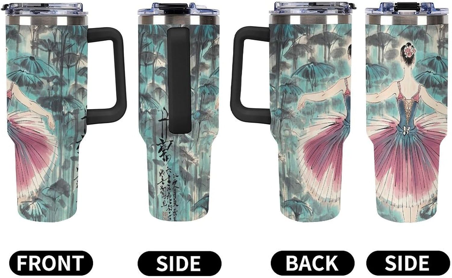 40oz Large Capacity Car Cup Classical Ballet Elegant Ballerina Tumbler Double Wall Vacuum Insulated Water Bottle Leak-proof Tumbler with Handle And Straw Insulated Cup Travel Mug